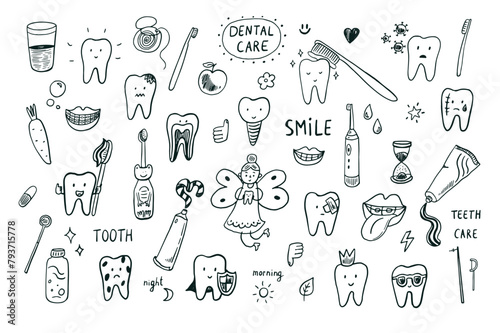 Doodle of tooth and dental care. Hand drawn vector illustration.