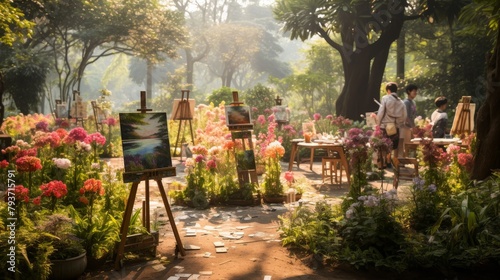 A vibrant painting hangs on a rustic easel amidst blooming flowers and lush greenery in a serene garden setting
