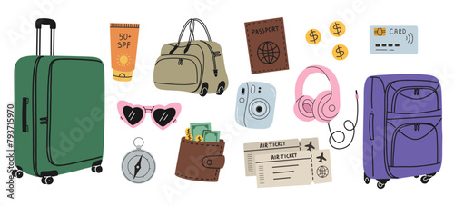travel set elements. Hand draw illustration