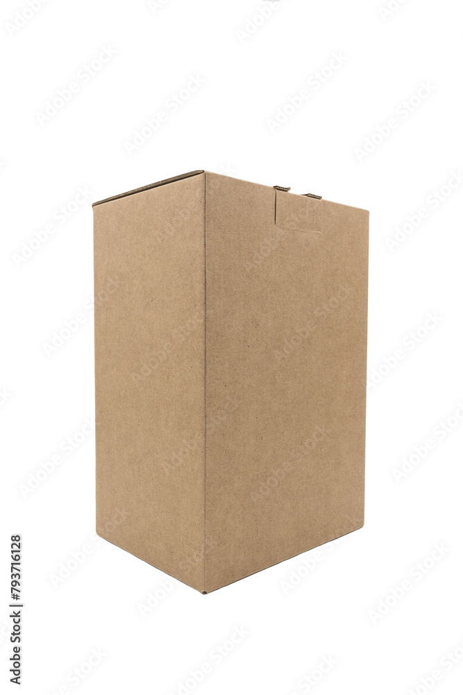an closed brown corrugated cardboard box isolated on white. cardboard box for transporting goods. half-turned view an closed brown corrugated cardboard box isolated on white. cardboard box for transporting goods. half-turned view