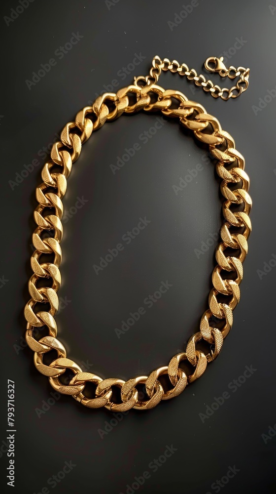 Obraz premium A luxurious 18k golden with stainless steel 316L cuban chain link necklace rests upon a background capturing the essence of wealth, style and elegance. Great as product design inspiration