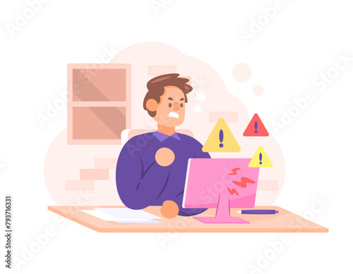 illustration of a man who is annoyed and angry because his computer has a problem. The computer has an error or is damaged while using it for work. problems while working. character illustration