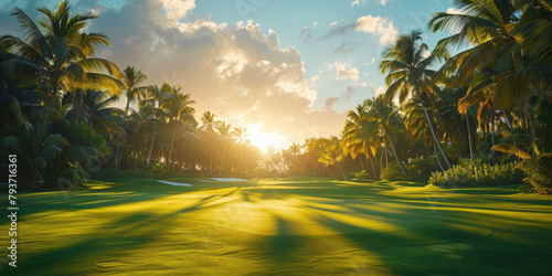 A green golf course in the tropics surrounded by palm trees and sand.  for conveying the precision and elegance of the golfing lifestyle photo