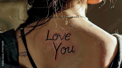 jeune femme vue de dos avec un tatouage "LOVE YOU" dans le haut du dos