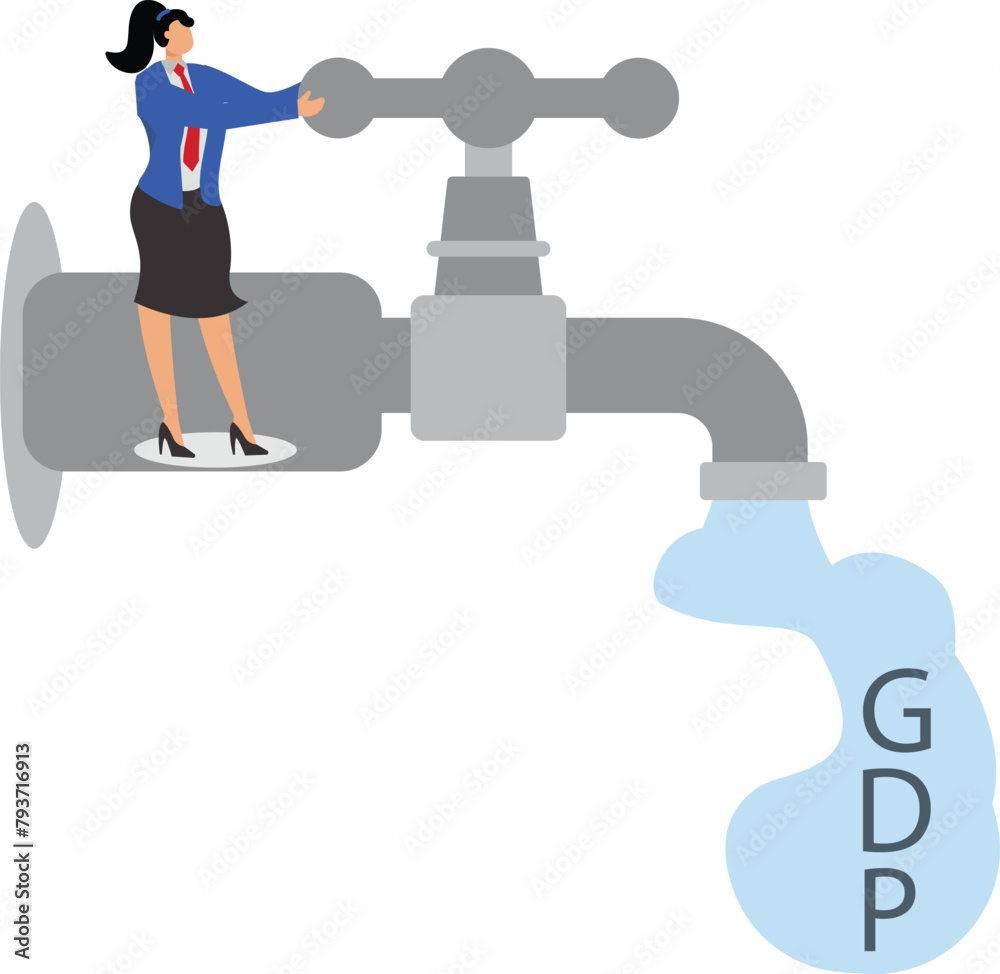 Businesswoman turns on the faucet and fills the letter GDP with water