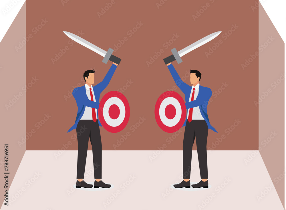 War and conflict, two businessmen holding swords and shields and fighting together War and conflict, two businessmen holding swords and shields and fighting together