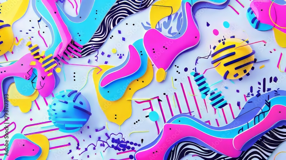 Eye-catching neon patterns featuring dynamic shapes and vibrant colors on white
