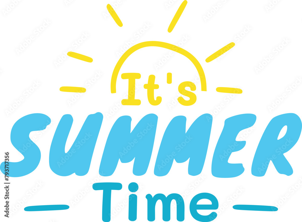 Handwritten color lettering quote of It's Summer Time, with sun rays. ZIP file contains EPS, JPEG and PNG formats. Handwritten color lettering quote of It's Summer Time, with sun rays. ZIP file contains EPS, JPEG and PNG formats.