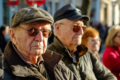 Old man with glasses and cap on the background of crowd of people
