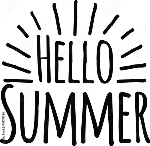 Handwritten lettering quote of Hello Summer with sun rays. ZIP file contains EPS, JPEG and PNG formats.