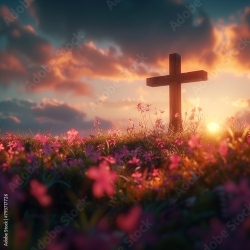 bright sunbeams illuminate a peaceful cross, flowers bloom with spring's arrival