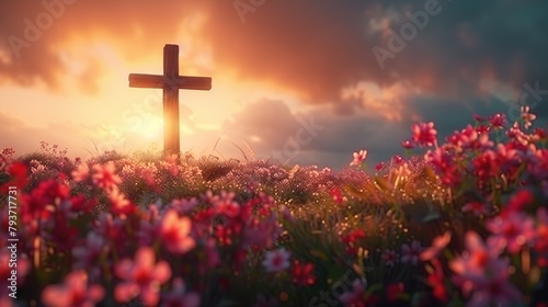 glowing cross at sunset amidst vibrant blooms a serene spiritual landscape