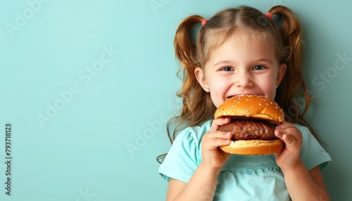 Young woman relishing burger on gentle backdrop with ample room for text placement