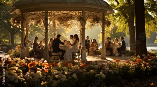 A diverse group of people enjoying each others company in a peaceful setting around a beautiful gazebo