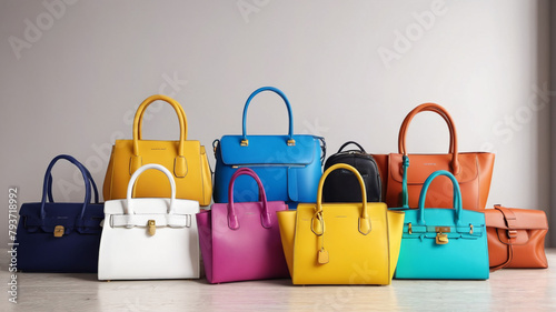 Assortment of various colorful women's handbags laid out in an array. Generative AI.

