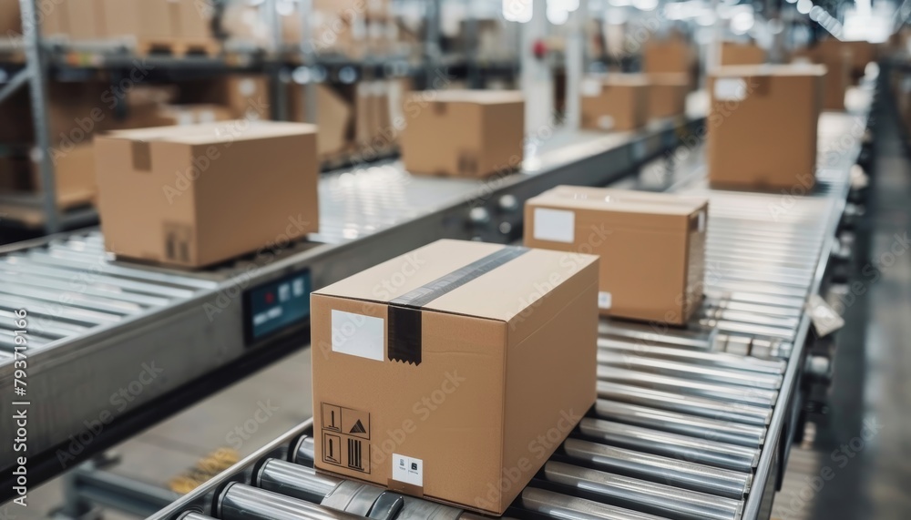 Automated warehouse conveyor belt with cardboard box packages for e commerce delivery and logistics Automated warehouse conveyor belt with cardboard box packages for e commerce delivery and logistics