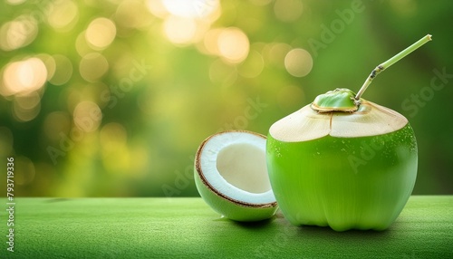 Refreshing Coconut Water Drink: Green Coconut Isolated on Green Background