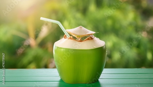 Coconut Water Drink: Green Coconut Isolated on Bright Green Background