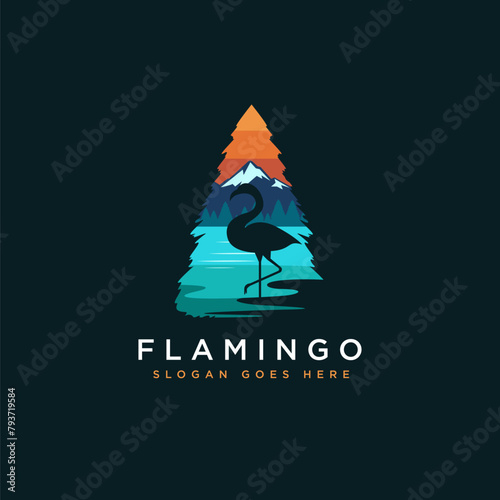 Flamingo and lake landscape in pine tree forest logo icon vector template on dark background