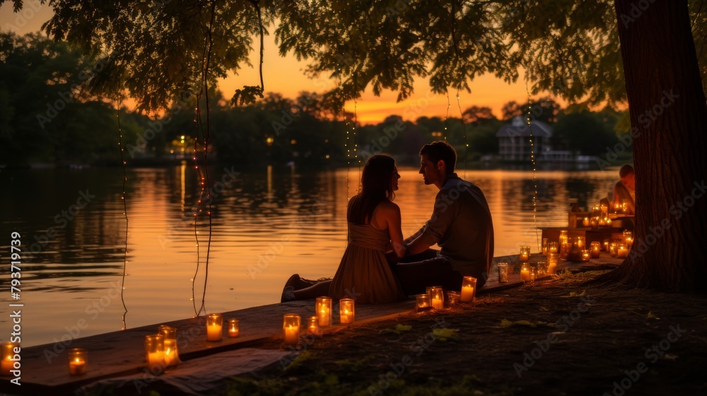 A man and woman sit beside a tranquil lake, enjoying each others company in peaceful silence