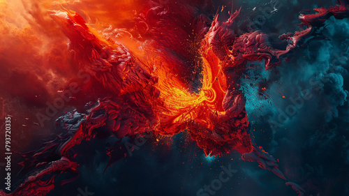 The abstract heart of a volcano, captured in fiery reds and oranges, clashing against cool blues and blacks to suggest nature's fury and beauty