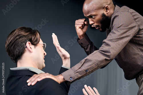 Fotografi Angry, conflict and fight with business men in studio on dark background for workplace disagreement