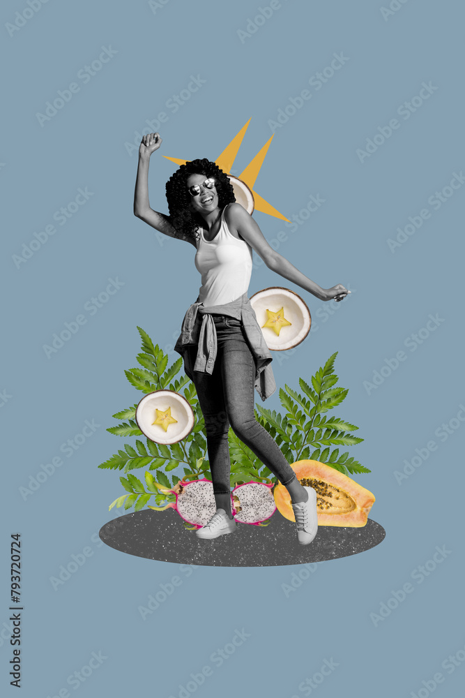 Φωτογραφία Vertical image picture young cheerful woman clubber exotic tropical flora enviro