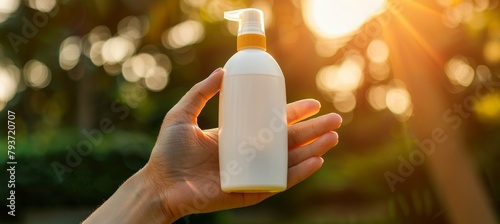 Female hand holding sunblock lotion bottle for uv protection on blurred background with copy space photo