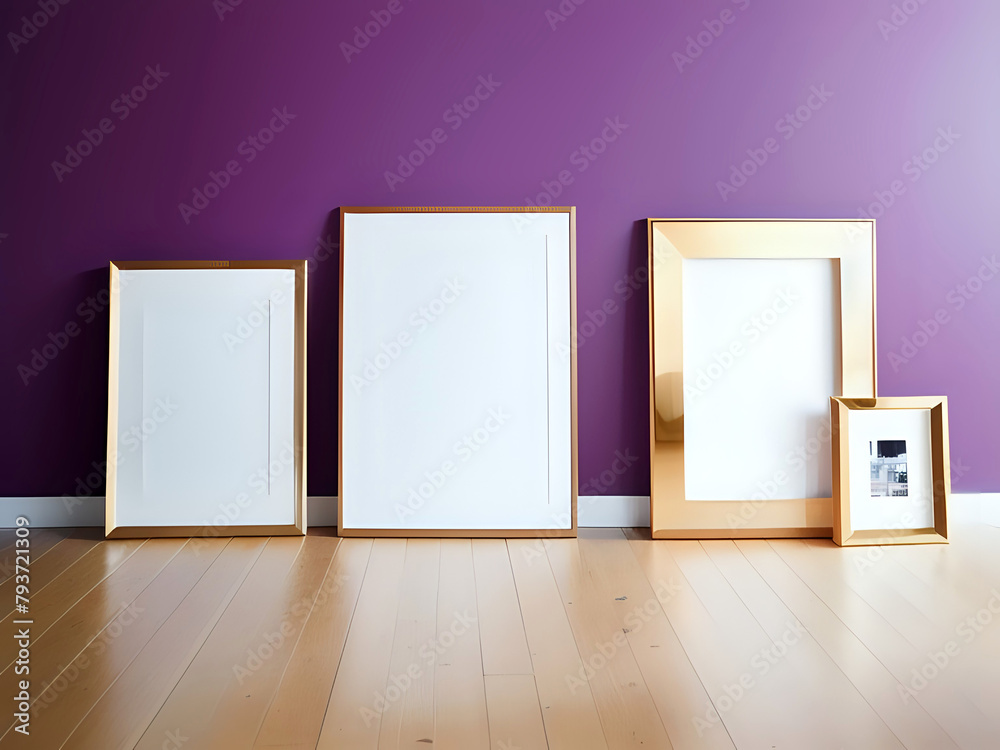 goldene Bilderrahmen an eine lila Wand gelehnt goldene Bilderrahmen an eine lila Wand gelehnt