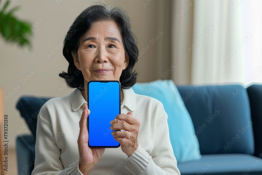 Display mockup asian woman in her 60s holding an smartphone with a fully blue screen