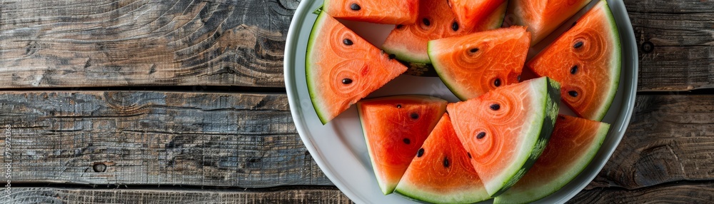 A plate of watermelon slices on a wooden table. A plate of watermelon slices on a wooden table.