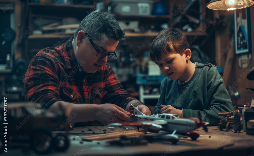 Father and son working on a model airplane together in their garage