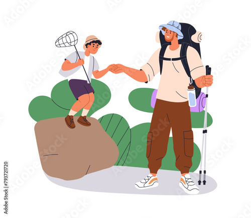 Father and son in hiking adventure. Dad and kid trekking in nature, active outdoor activity together. Happy family hikers spending time in summer. Flat vector illustration isolated on white background
