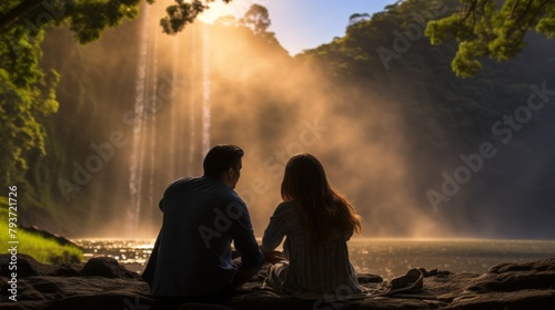 A man and a woman sit peacefully beside a majestic waterfall, enjoying the soothing sound of rushing water