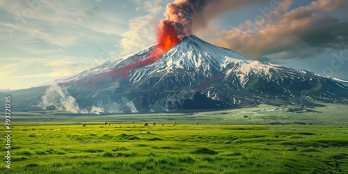 A mountain with a red glowing lava flow photo