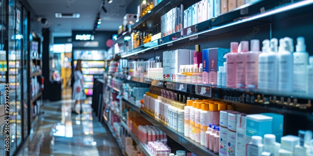 A bustling Korean beauty store, the shelves are lined with rows of brightly printed packaging filled with innovative skincare and cosmetics.