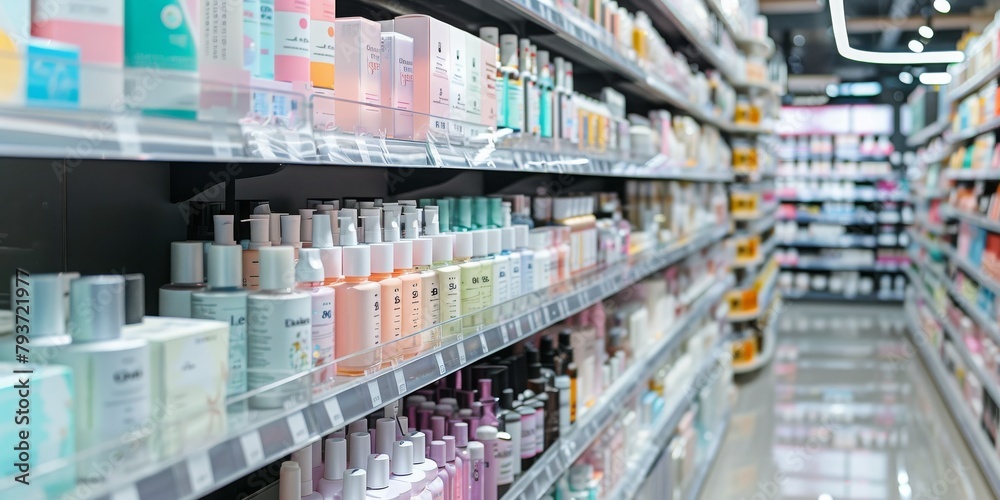 A bustling Korean beauty store, the shelves are lined with rows of brightly printed packaging filled with innovative skincare and cosmetics.