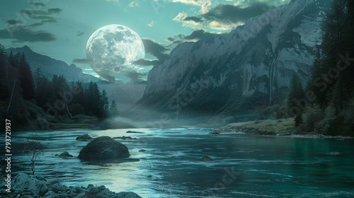 The river with the moon. bizarre landscape conceptual photo
