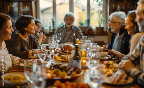 Multi-generational family enjoying a festive meal around a large dining table