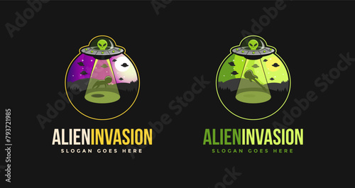 UFO spaceship, Alien invasion emblem logo icon vector illustration on black background
