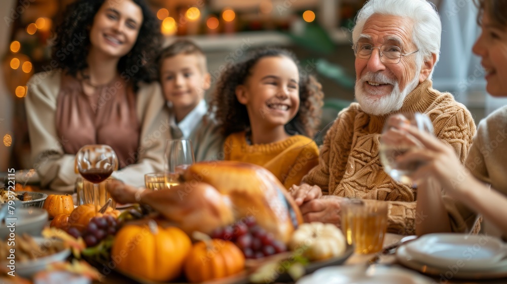 A family is gathered around a table with a large turkey and a variety of fruits A family is gathered around a table with a large turkey and a variety of fruits
