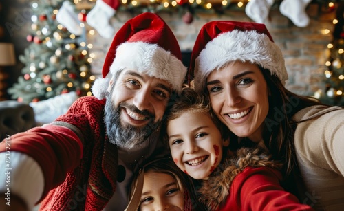 Family dressed up for a holiday, taking a group selfie