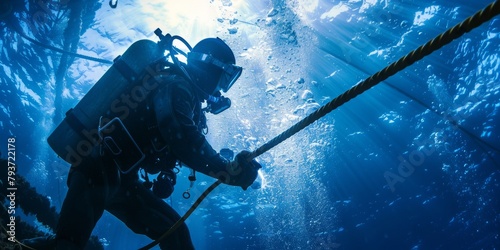 A diver in a heavy-duty suit welds a protective sheath onto a broken undersea cable photo