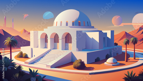 Abstract architecture background. White circular building. 