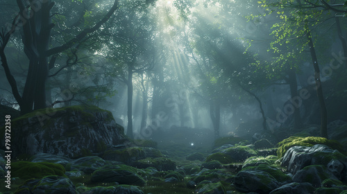 Mystical Forest: Tranquil Misty Woods Background © William
