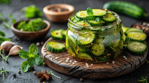 Jar with canned cucumbers and spices on a wooden board after cooking