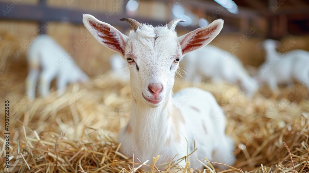 Saanen breed young goat with minor horns on a farm in the hay among livestock Saanen breed young goat with minor horns on a farm in the hay among livestock
