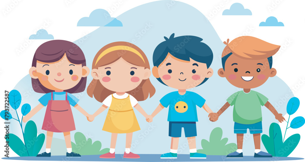 Cute children holding each other's hands and standing, Happy school children stand together and hold hands, vector illustration Cute children holding each other's hands and standing, Happy school children stand together and hold hands, vector illustration