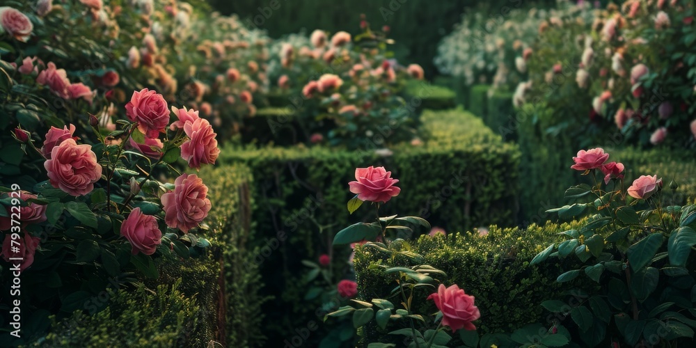 Naklejka premium A garden with many pink flowers and bushes