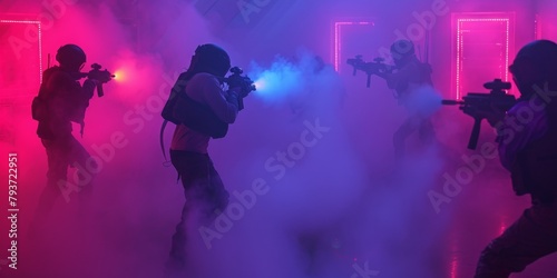 A group of soldiers are in a smoke filled room, with one of them holding a gun. laser tag arena scene photo